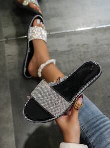 女士時尚鑽石裝飾沙灘扁平拖鞋,夏季室內戶外防滑涼鞋 - 黑色 - 查看 1