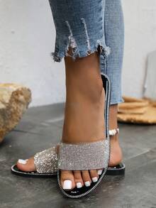 女士時尚鑽石裝飾沙灘扁平拖鞋,夏季室內戶外防滑涼鞋 - 黑色 - 查看 2