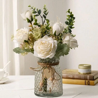 1 束人造花玫瑰婚礼花束假花桉树丝绸玫瑰仿真花布置适用于婚礼家居办公室装饰餐桌最佳礼物、婚礼装饰、家居装饰、房间装饰