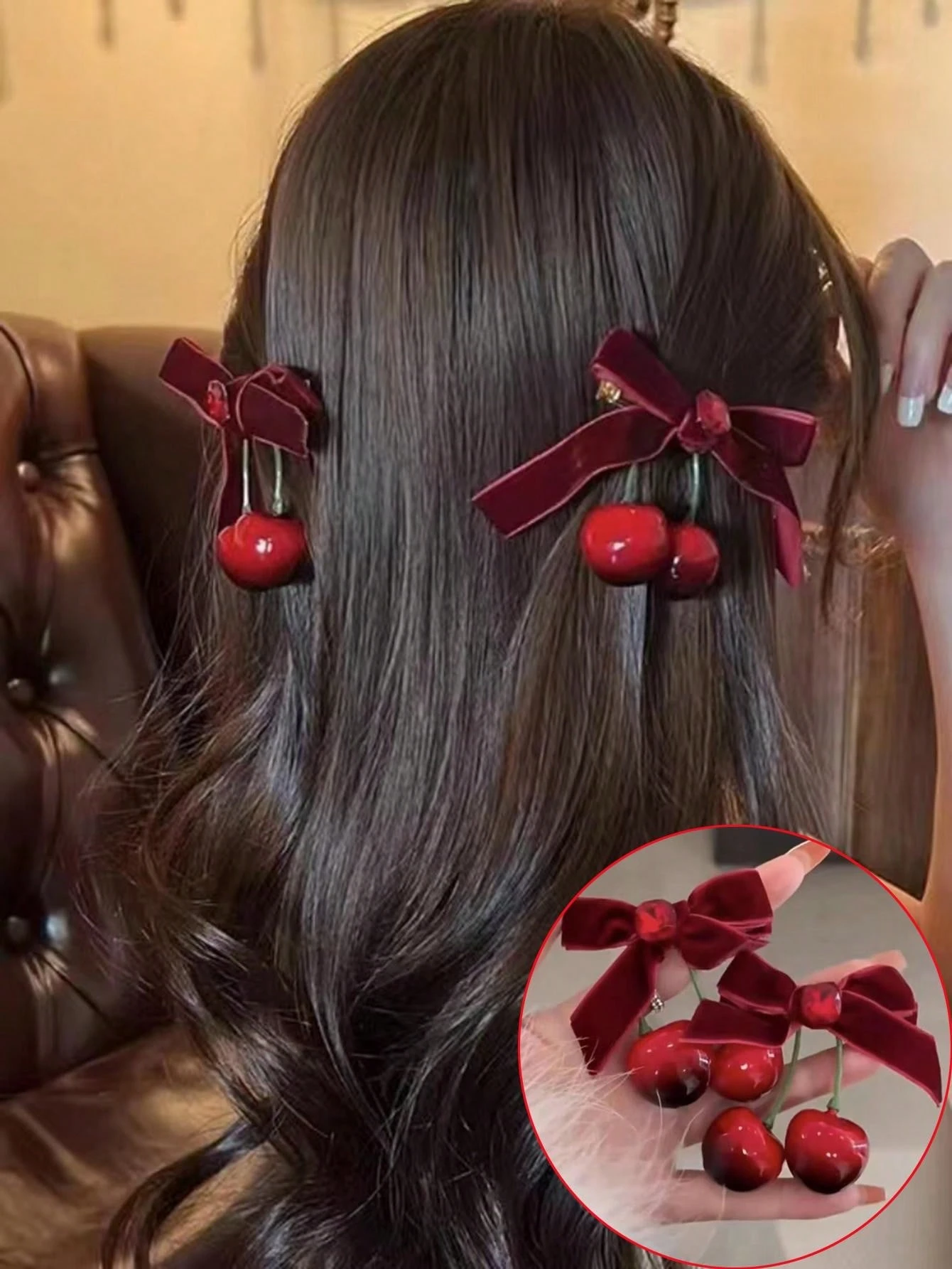 2Pack Of Winter Atmosphere Cherry Red Bow Velvet Hair Clips For Women