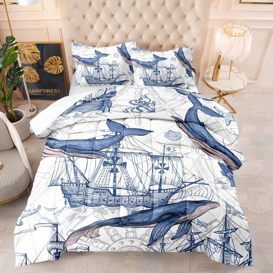Whale Comforter Set Twin Size,Ocean Theme Bedding Set for Kids,Whale Nautical Sailing Quilt Set Ocean Duvet Set Ocean Decor 3 Pieces - ECBTTAB049 - Xem 1