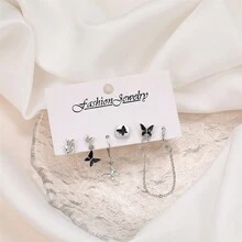 5 件/套時尚女銀蝴蝶耳環和圓形耳環和吊墜 - 銀色 - 查看 3