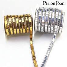 Perlon Joon 1 號金色閃閃發光玻璃方形水晶絲帶燙印水鑽裝飾裝飾熨燙鞋袋裝飾配件
