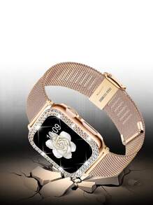 38mm/40mm/41mm/42mm/44mm/45mm Stainless Steel Mesh Band & Shiny Crystal Diamond Protective Case Compatible With Apple Watch Series 8/7/6/5/4/3/2/1, SE, Ultra - Rose Gold - Rose Gold - View 4