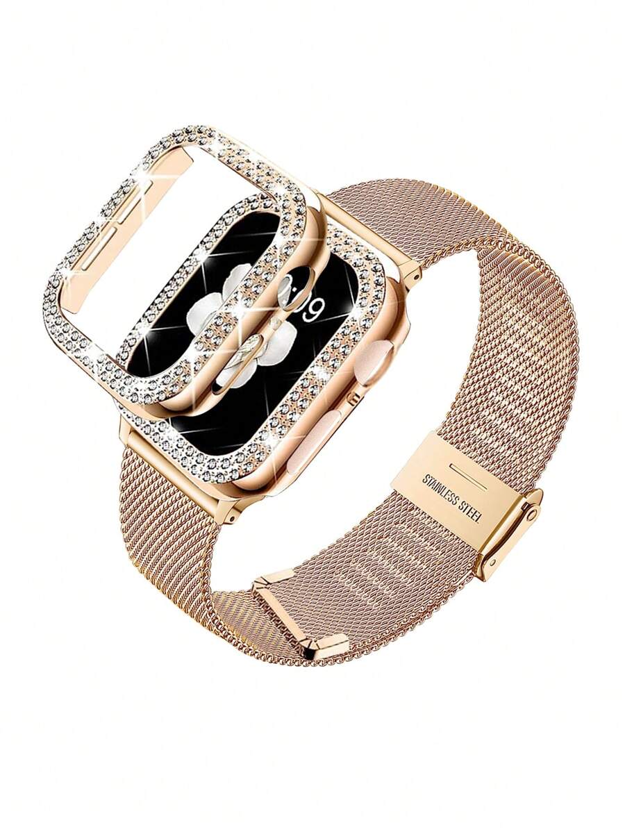 38mm/40mm/41mm/42mm/44mm/45mm Stainless Steel Mesh Band & Shiny Crystal Diamond Protective Case Compatible With Apple Watch Series 8/7/6/5/4/3/2/1, SE, Ultra - Rose Gold - Rose Gold - View 1