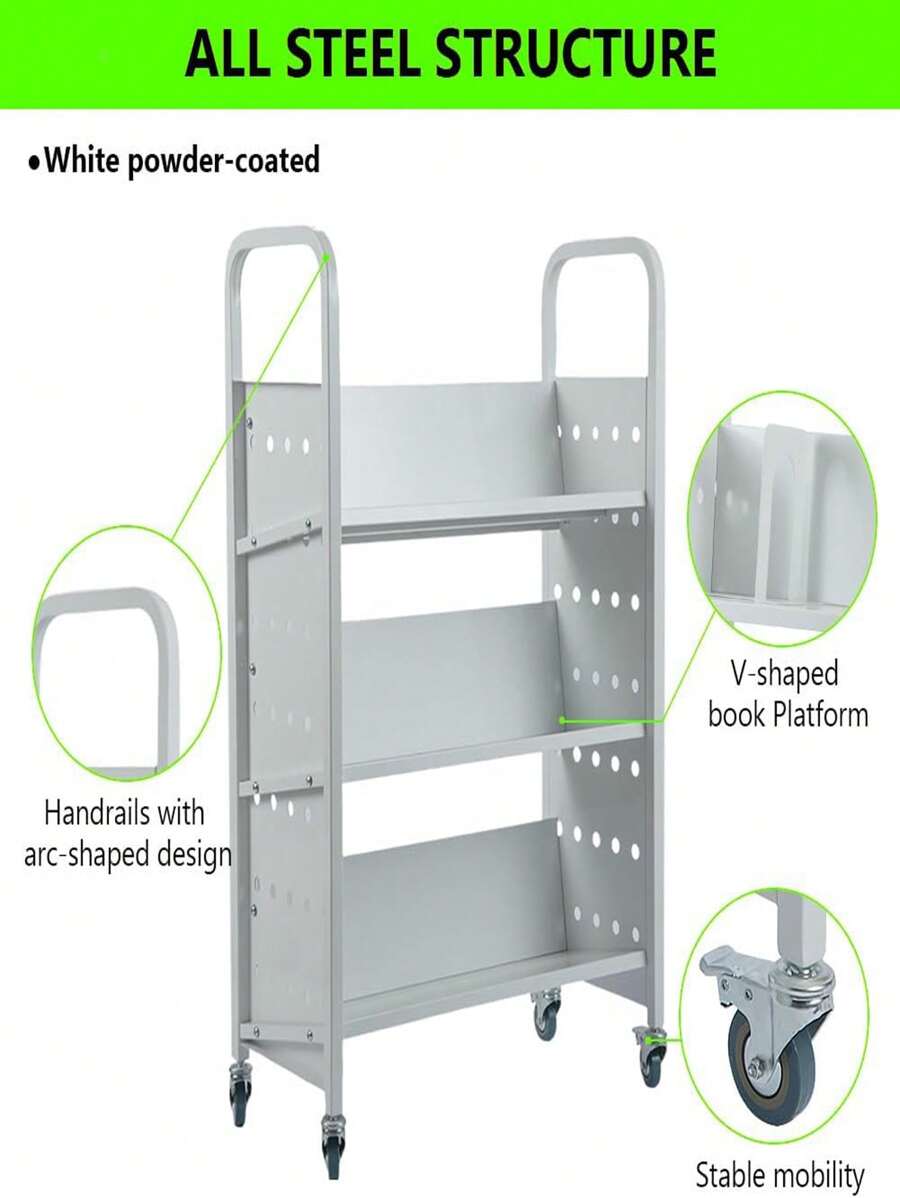 3Tier Rolling Utility Cart with Handle, 200LBS Book Cart, VShaped Rolling Library Cart with 4