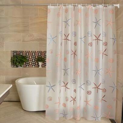 1pc PEVA Waterproof, Moisture-Proof, Mildew-Proof Cute Starfish Pattern Shower Curtain With Metal Hooks (80*180cm/150*180cm/180*180cm/180*200cm/200*200cm), Comes With 12pcs Shower Curtain Rings Room Decor Bathroom Accessories Back To School Bathroom Decor