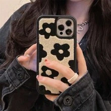 Daisy Floral Ins Plush Black Flower Pattern Phone Case Compatible With IPhone 15 Pro Max, Apple 14/11/12/13 Series, Anti-Fall Protective Cover Kawaii Waterproof Shockproof Scratch Resistant - Multicolor - View 3