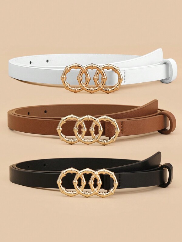 Women Belt Bamboo Triple Round Gold Metal Buckle Multicolor Pu Leather Belt Style For Normal & Plus Belt Summer, School Fall, Autumn, Halloween