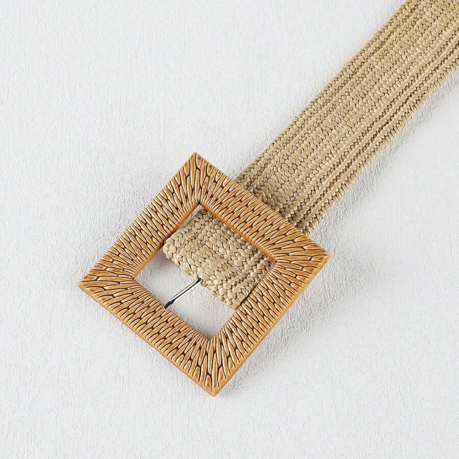 1pc Beach Style Brown Rectangular Buckle Woven Pp Grass Elastic Belt