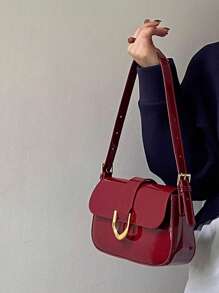 高级感女士包包新款复古酒红色马蹄扣时尚便携腋下包单肩斜挎包，送给她的最佳情人节礼物 - 紅色 - 查看 6