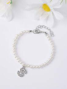 1條時尚銀色鍍白珍珠串珠鑲鑽石26個字母手鍊,適合女士禮物 - 珍珠 - 查看 4