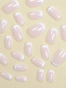 Upgrade Your Look 24pcs/Set Medium Square Shape White French Style Fashionable Nail Art Set, Suitable For Party, Dance And Daily Wear Press On Nails Nail Supplies - Multicolor - View 3