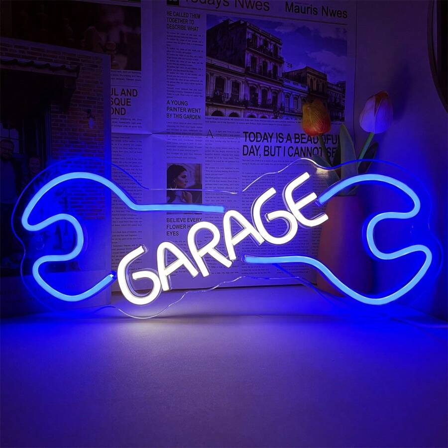 1PC Wrench Garage Neon, GARAGE Personalized Backboard Neon Decorations, Lighting Wall LED Neon Sign Home Decor, Bar Esports Game Hall Ambiance Decor, Bedroom Decor, Theme Party Decor, Birthday Gift - Blue+White - View 1