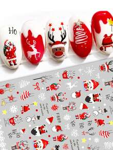 2入組卡通聖誕老人鹿尼龍美甲貼紙,3d雪人雪花動物冬季聖誕設計美甲滑條裝飾 - 紅白色 - 查看 3