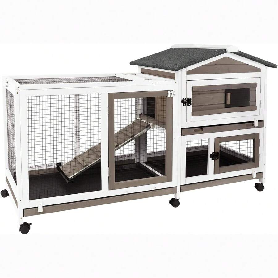 PETSCOSSET Rabbit Hutch Indoor - Rabbit Hutch Outdoor Rabbit Cage Indoor Large Rabbit Cage On Wheels, Ramp, Waterproof Asphalt Roof Bunny Hutch Guinea Pig Cages Small Animal Hutch For Hamster Ferret - Grey - View 1
