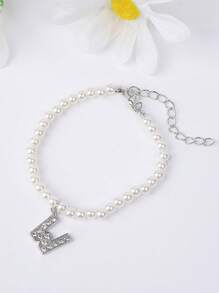 1條時尚銀色鍍白珍珠串珠鑲鑽石26個字母手鍊,適合女士禮物 - 珍珠 - 查看 27