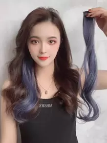 2件組女款彩色挑染捲髮接髮夾片，隱形無縫髮片，適合日常配戴或度假使用 - 霧霾藍 - 查看 8