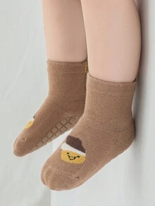 1pair Thin Spring And Autumn Baby Toddler Floor Socks With Anti-slippery Soles, Cartoon Cute Design - Coffee Brown - View 3
