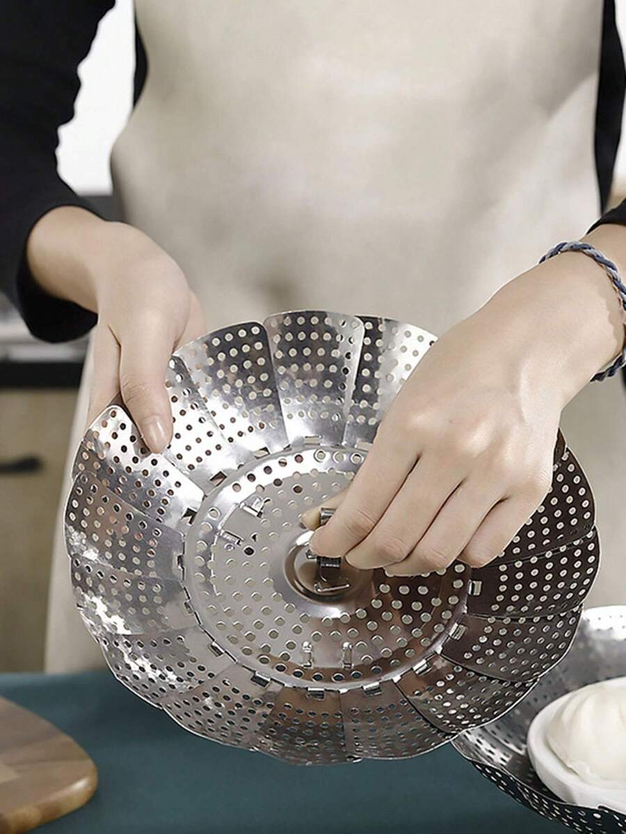 1pc Stainless Steel Foldable Steaming Rack With Water Separator For Steaming, Stretchable Design With Drip Tray For Fruits And Veggies Steaming Basket Seafood Boil - Silver - View 1