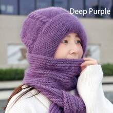 1 件女士冬季帽子围巾套装加厚保暖内衬针织保暖无檐帽带面罩适合骑自行车 - 彩色 - 查看 9