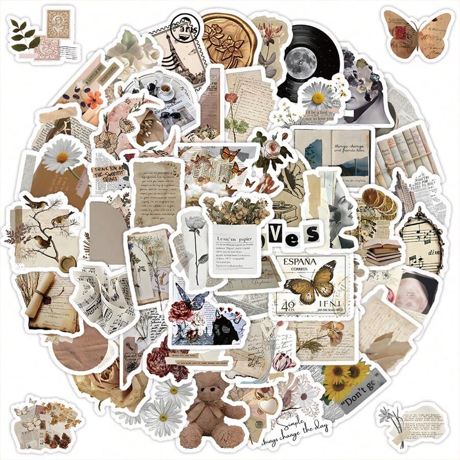 xiqixin 100入組/包復古破舊報紙貼紙 - 彩色 - 查看 1