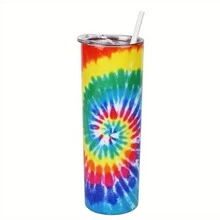 20oz雙層牆緊身平底無腳杯帶草編和蓋,紮染印花絕緣咖啡杯不銹鋼修身旅行平底無腳杯適合婚禮派對禮物