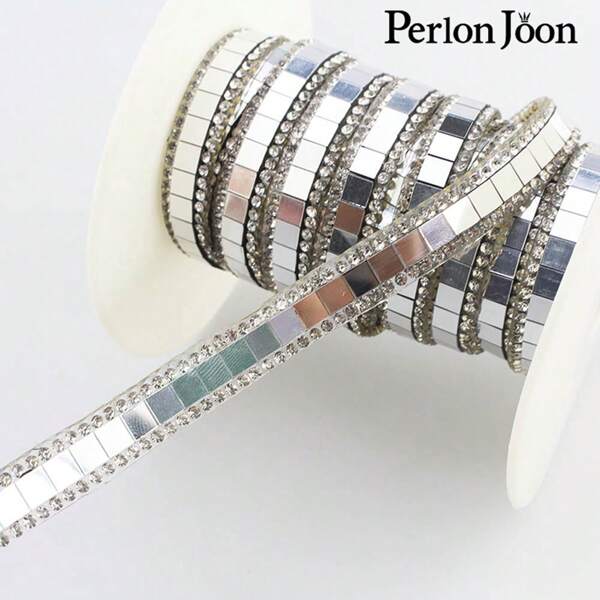 Perlon Joon Cinta Cuadrada De  Metálico Plateado Con Diamantes De Imitación, Adorno De Hierro Para Apliques Para Zapatos, Bolsos Y Accesorios Decorativos, 1 Yarda