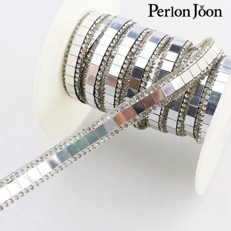 Perlon Joon 1 Yard Silver Metallic Glass Square Crystal Rhinestone Ribbon Trim Iron On Applique For Shoes, Bags And Decorative Accessories - Silver - View 1
