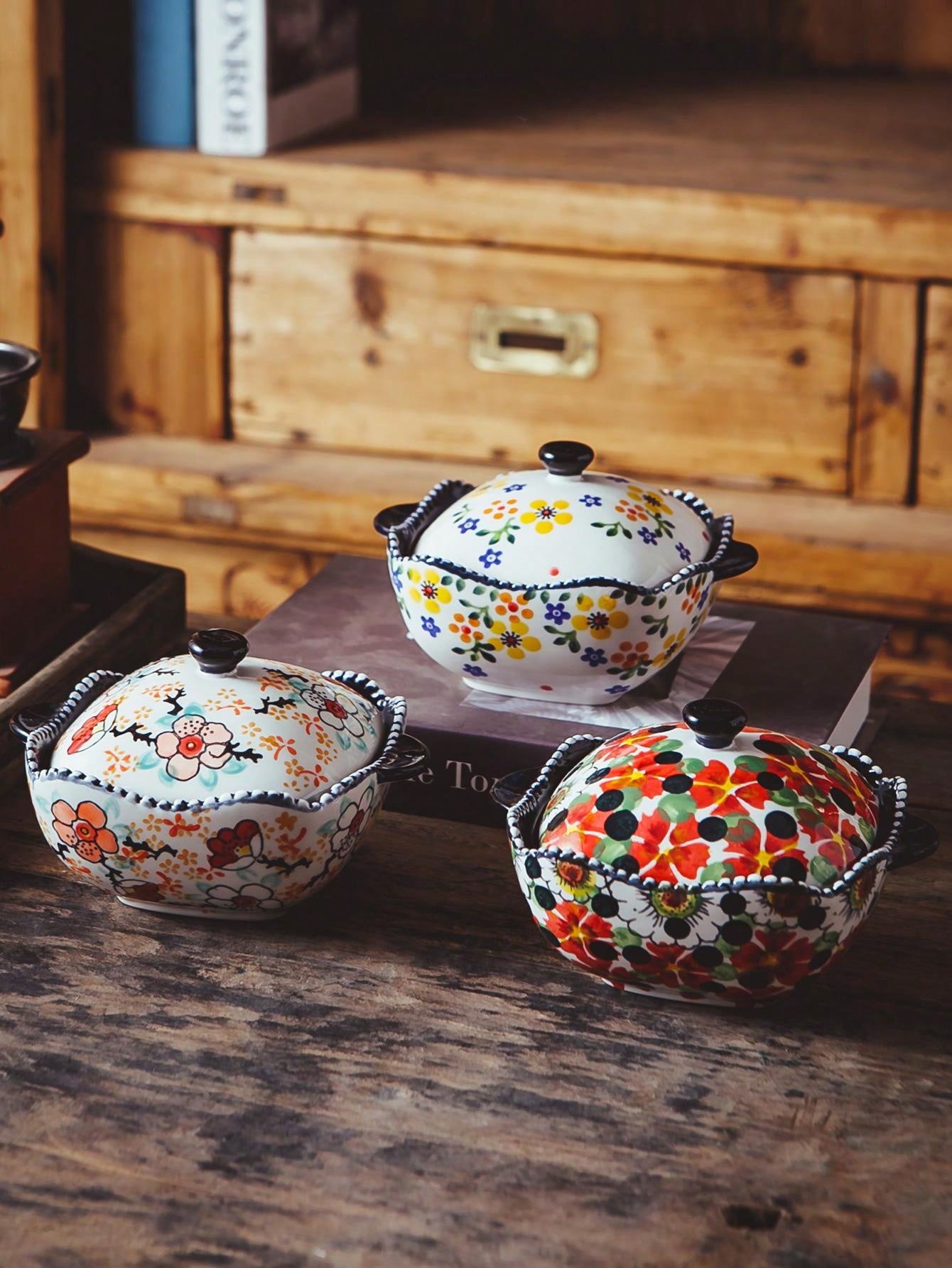 Creative & Cute Red Flora Pattern Ceramic Baking Bowl With Double Ears