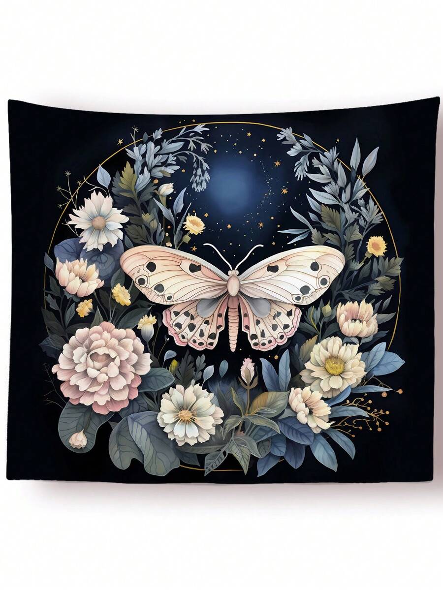 1pc Butterfly & Flower Pattern Printed Tapestry - Multicolor - View 1