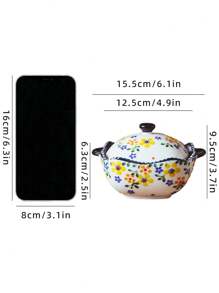 Creative & Cute Red Flora Pattern Ceramic Baking Bowl With Double Ears And Lid, Small Steamed Egg & Pudding Bowl For Baking, Stewing & Dessert, Anti-Scalding, Microwave Friendly Small Bowl For Child, Kitchen - Red - View 6