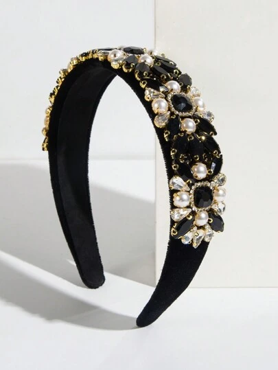 1 pieza Diadema de lujo decorada con joyas para mujer con detalles anchos laterales y de perlas falsas para desfile de moda, tiara, diadema, aros para el cabello, accesorios para el cabello negro