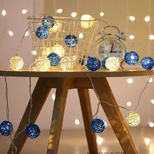 1pc Lights Blue White Rattan Ball String Lights, Holiday, Christmas, Thanksgiving Christmas, Wedding, Party Rope Lights, Battery Operated Outdoor Decorative Lights - Blue and White - View 5