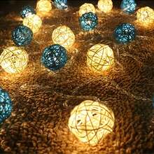 1pc Lights Blue White Rattan Ball String Lights, Holiday, Christmas, Thanksgiving Christmas, Wedding, Party Rope Lights, Battery Operated Outdoor Decorative Lights - Blue and White - View 6