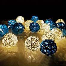 1pc Lights Blue White Rattan Ball String Lights, Holiday, Christmas, Thanksgiving Christmas, Wedding, Party Rope Lights, Battery Operated Outdoor Decorative Lights - Blue and White - View 4