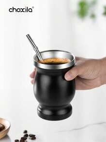 choxila 1pc Black Traditional Mate Cup, Mate Natural Gourd/Tea Cup, Coffee Cup, Stainless Steel Double-Wall Mate Cup And Bombilla Set, Yerba Mate Set Includes Yerba Mate Straw & Cleaning Brush - Black - View 3