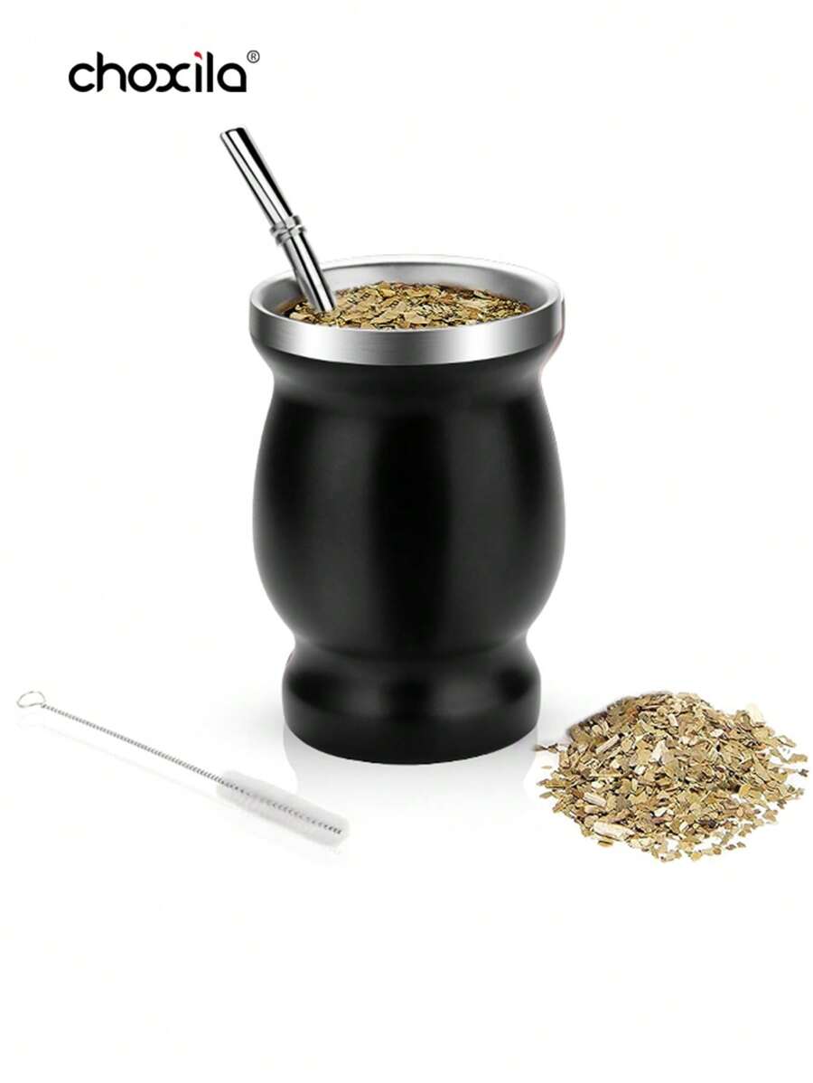 choxila 1pc Black Traditional Mate Cup, Mate Natural Gourd/Tea Cup, Coffee Cup, Stainless Steel Double-Wall Mate Cup And Bombilla Set, Yerba Mate Set Includes Yerba Mate Straw & Cleaning Brush - Black - View 1