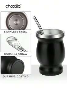 choxila 1pc Black Traditional Mate Cup, Mate Natural Gourd/Tea Cup, Coffee Cup, Stainless Steel Double-Wall Mate Cup And Bombilla Set, Yerba Mate Set Includes Yerba Mate Straw & Cleaning Brush - Black - View 4