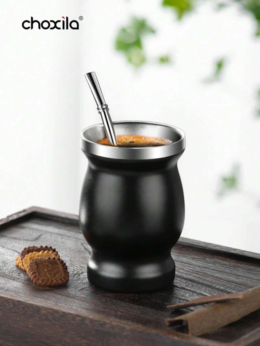 choxila 1个黑色传统马黛茶杯，天然葫芦马黛茶杯/马克杯，咖啡杯，不锈钢双层马黛茶杯带吸管套装，马黛茶套装包含马黛茶吸管和清洁刷 - 黑色 - 查看 1