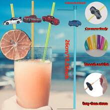 16入組10.23英寸可重複使用的直身飲料吸管,帶有車主題裝飾,6個隨機顏色和16種圖案,派對禮物吸管,聖誕禮物,適用於各種家庭聚會,生日聚會,主題派對,節日禮品 - 彩色 - 查看 2