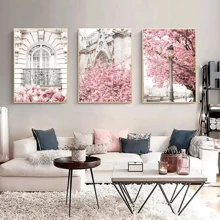 3 Piezas Pintura en lienzo de paisaje primaveral de París con flores de cerezo, rosas y peonías, póster de imagen romántica, obra de arte decorativa enmarcada - Rojo y blanco - Ver 3