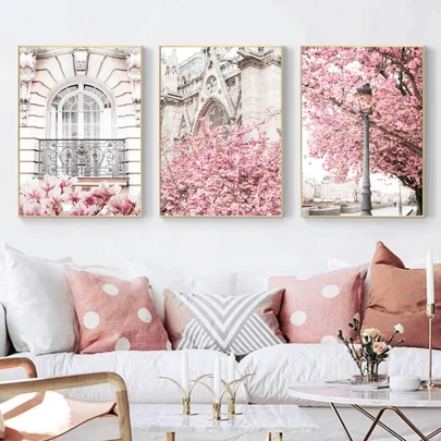 3 Pcs Pink Sakura Spring Paris Landscape Rose Peony Wall Art Canvas Painting, Romantic Picture Poster Decorative Framed Artwork
