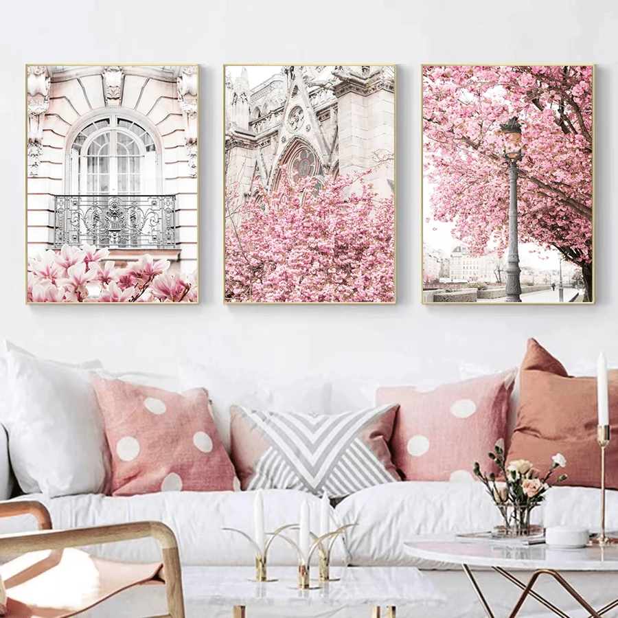 3 Piezas Pintura en lienzo de paisaje primaveral de París con flores de cerezo, rosas y peonías, póster de imagen romántica, obra de arte decorativa enmarcada - Rojo y blanco - Ver 1