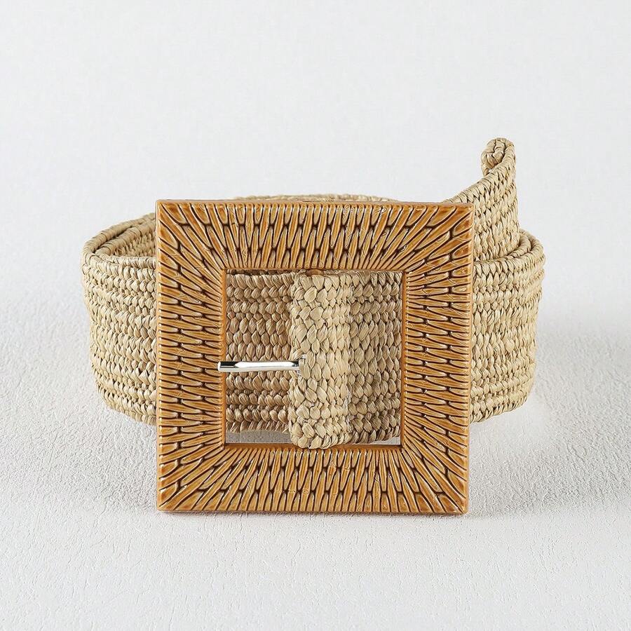 1pc Beach Style Brown Rectangular Buckle Woven Pp Grass Elastic Belt