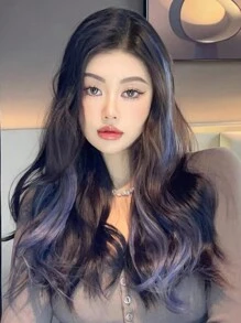 2件組女款彩色挑染捲髮接髮夾片，隱形無縫髮片，適合日常配戴或度假使用 - 霧霾藍 - 查看 7