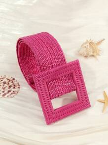 1pc Beach Style Pink Woven Elastic Belt With Square Buckle - Hot Pink - View 2