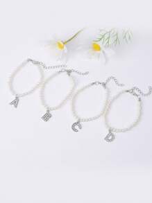 1條時尚銀色鍍白珍珠串珠鑲鑽石26個字母手鍊,適合女士禮物 - 珍珠 - 查看 1