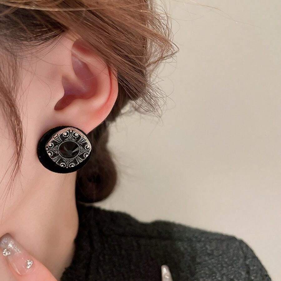 1 對 925 銀針花卉和幾何圖案圓形耳釘,輕巧百搭的設計,適合女士日常佩戴,個性化簡約配件作為節日禮物 - 黑色 - 查看 1