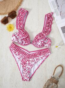 Bikinx Women's Floral Print Ruffle Trimmed Bikini Set Summer - Pink - View 1